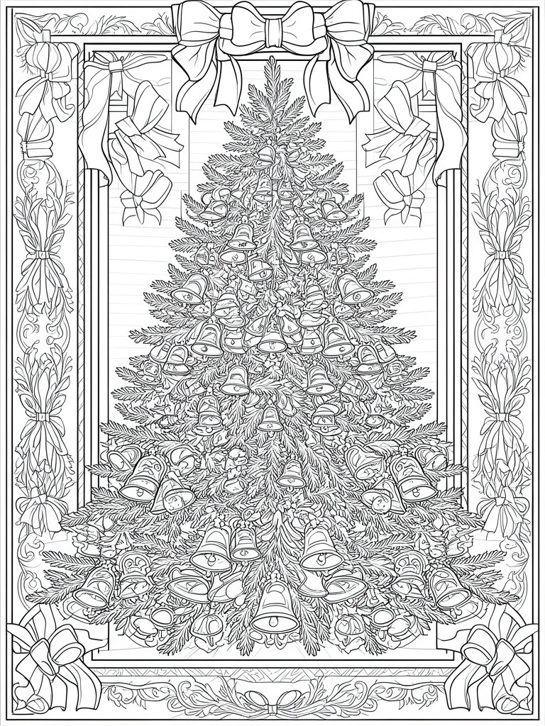 Black-and-white Christmas tree line drawing with bells and ornate bow borders.