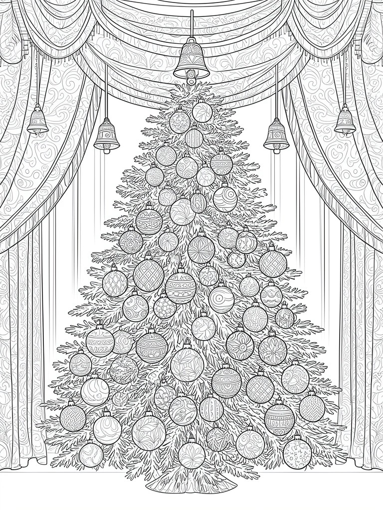 Black and white line drawing of a Christmas tree with patterned ornaments and hanging bells framed by curtains.