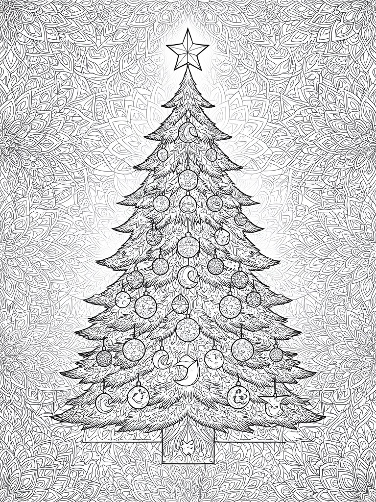 Mandala background with decorated Christmas tree, star topper, and fox at base.