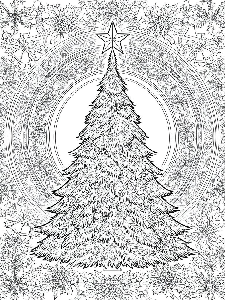 Intricate black-and-white Christmas tree with star, holly, bells, and snowflakes