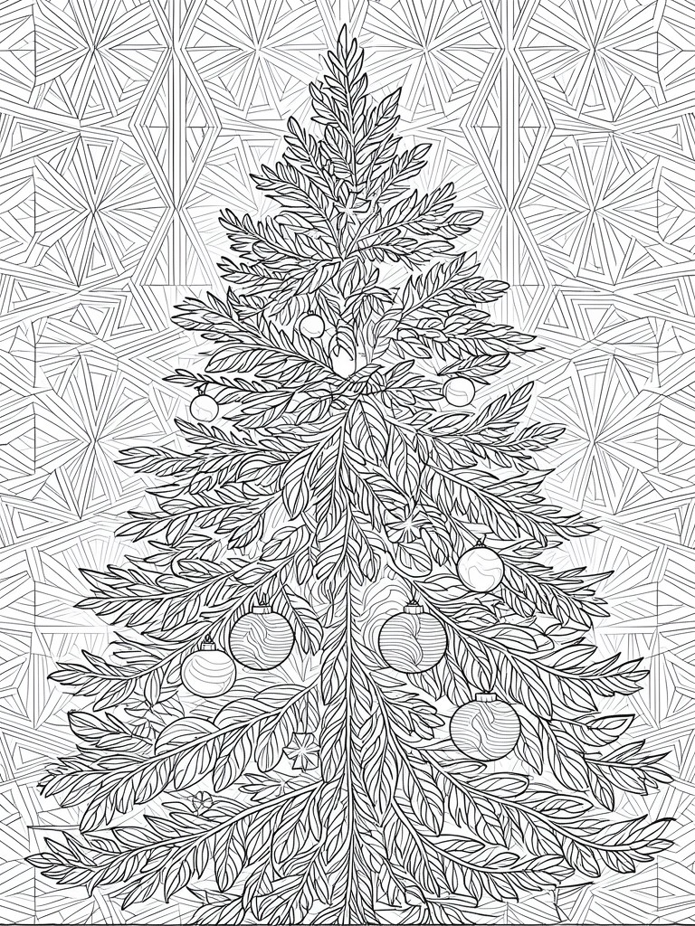 Intricate black-and-white Christmas tree with ornaments on geometric patterned background