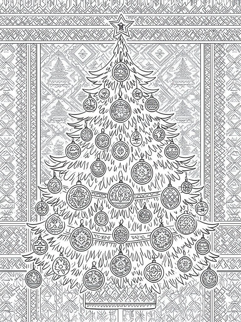Detailed line drawing of a Christmas tree with ornate baubles and a star topper.