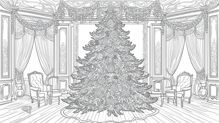 Elaborately decorated Christmas tree in ornate room with bookshelves and furniture.
