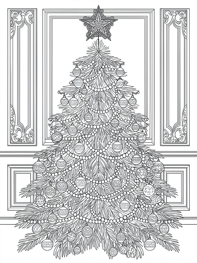 Black-and-white line drawing of ornate Christmas tree with star, baubles, and panels