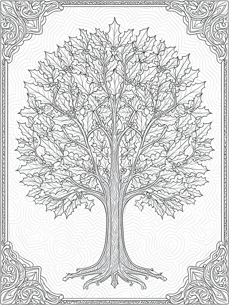 Detailed line drawing of holly tree with berries in ornate frame.