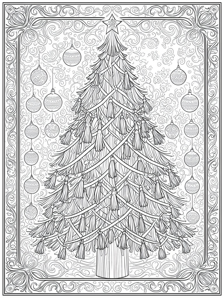 A black and white line drawing of a decorated Christmas tree with a star on top, garlands, patterned ornaments, and an ornate swirling border.