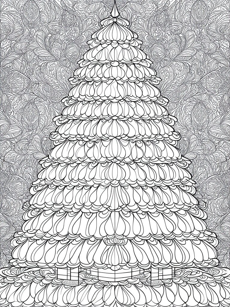 Intricate black-and-white line art of a layered Christmas tree with gift-wrapped base.