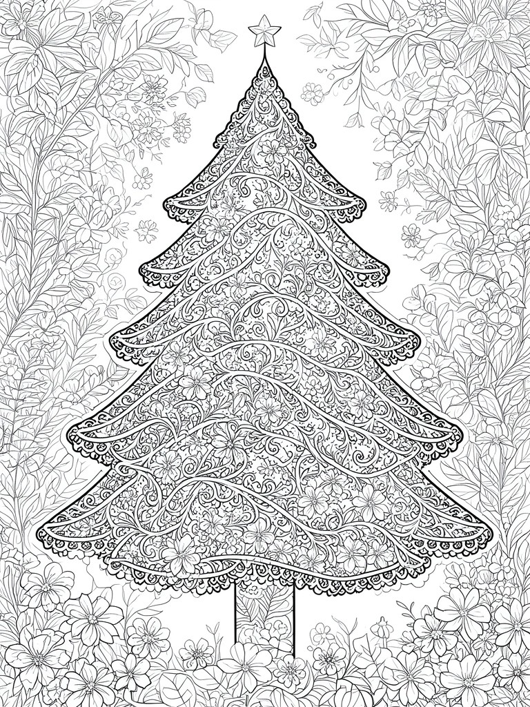 Ornate Christmas tree with floral swirls, star topper, and leafy floral background