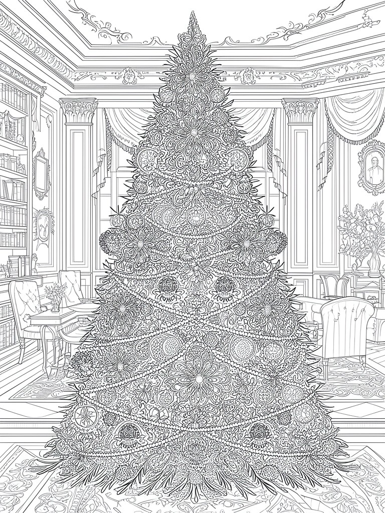 Elaborately decorated Christmas tree in ornate room with bookshelves and furniture.