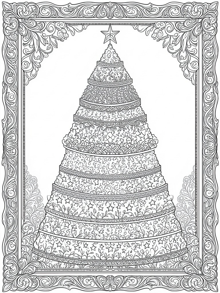 Ornate framed Christmas tree with patterned layers and star topper in black and white