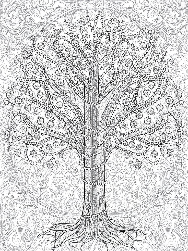 Ornate black and white tree illustration featuring intricate patterns, branches, roots, and surrounding swirls