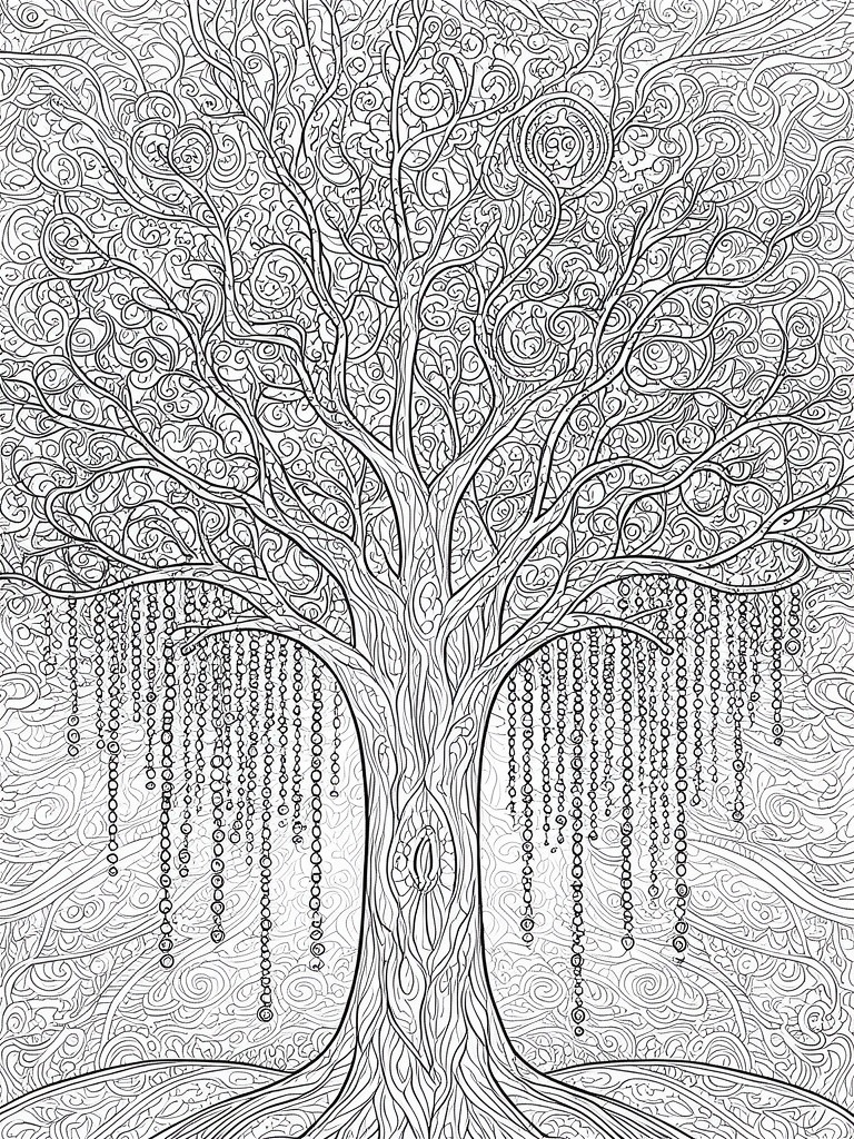 Intricate black-and-white tree with swirling branches and hanging bead strands.