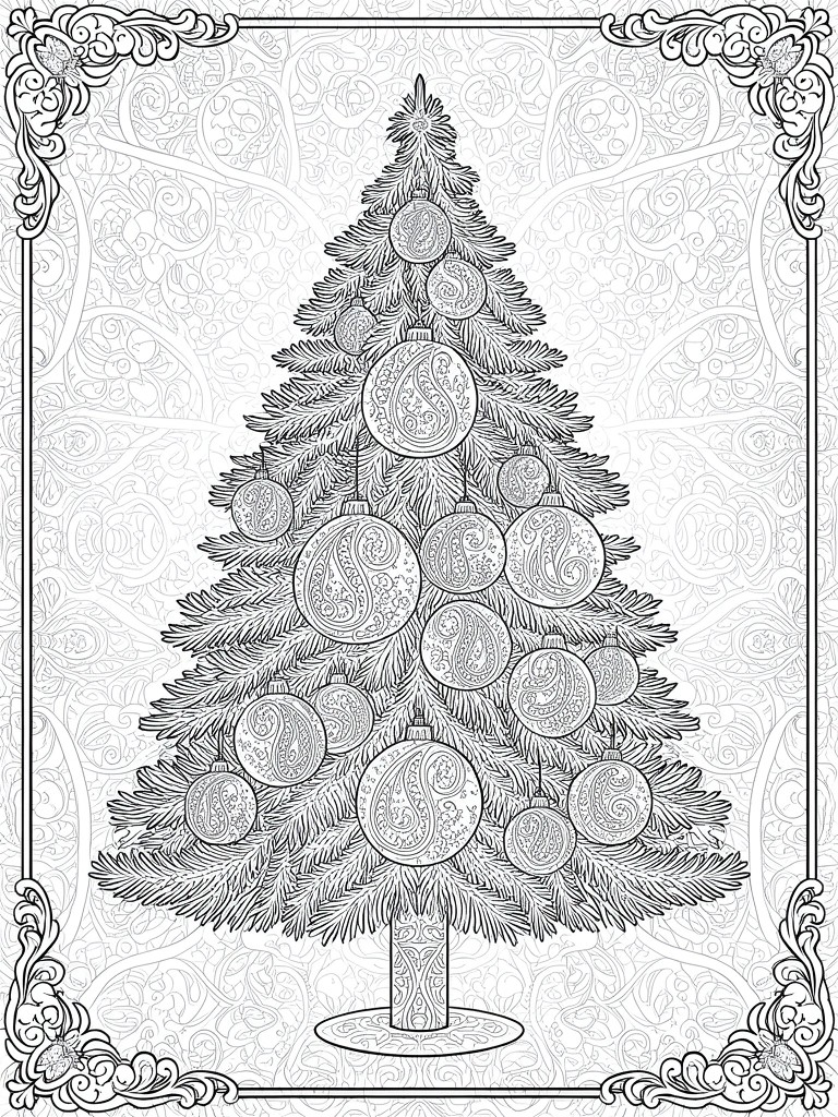 Intricate line drawing of Christmas tree with paisley ornaments in ornate decorative frame