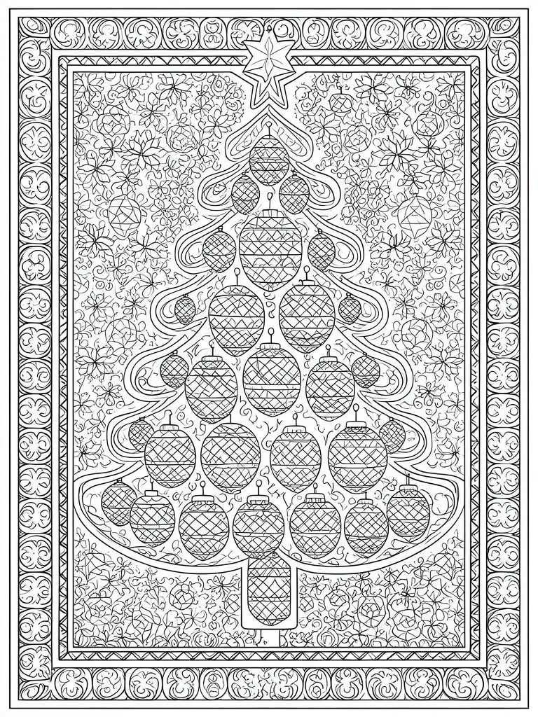 Intricate black-and-white Christmas tree coloring page with star topper and patterned ornaments.