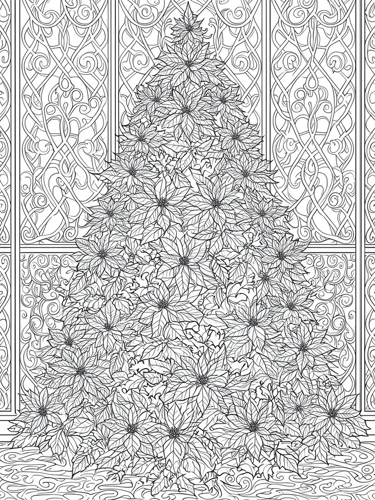 Detailed black-and-white line art of poinsettia Christmas tree with ornate swirls.