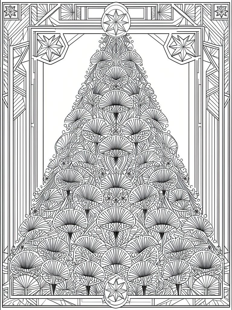 Ornate black-and-white line art of a fan-patterned Christmas tree in a geometric frame.