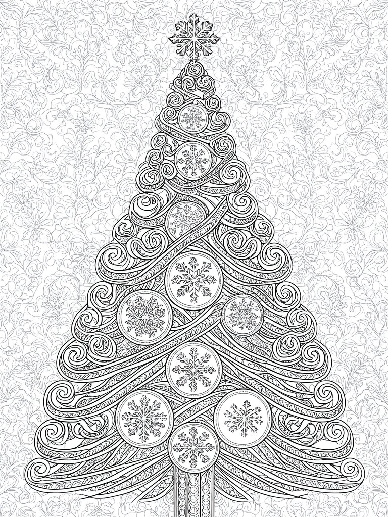 Intricate black-and-white Christmas tree with swirling branches and snowflake ornaments