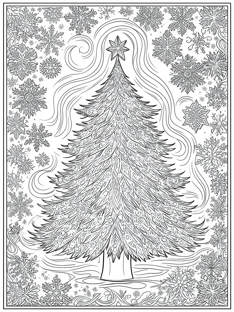 Coloring page of Christmas tree with star topper amid snowflakes and swirls