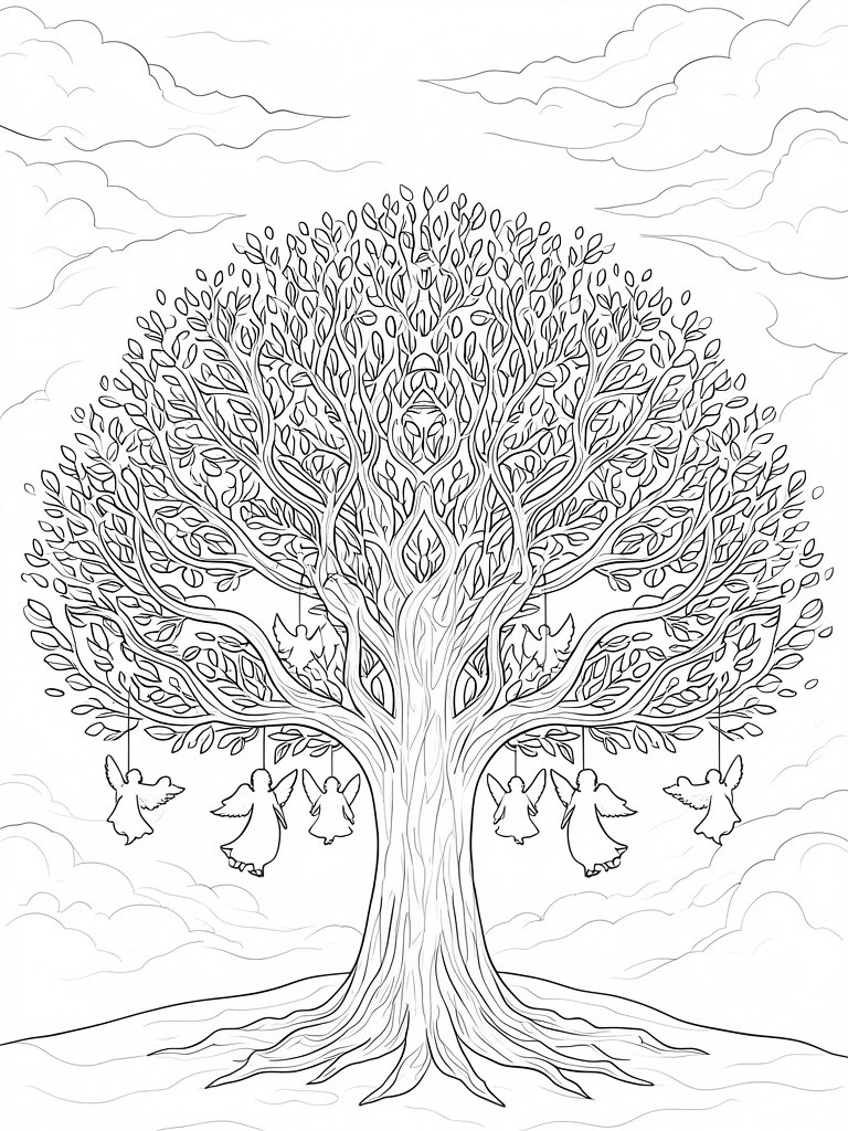 A black and white line drawing of a large tree with angels and birds hanging from its branches, clouds in the sky, and roots at the base.