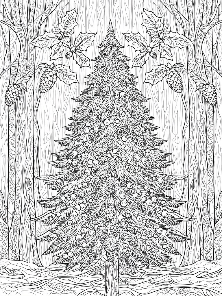Black and white line art of a decorated Christmas tree amid forest holly and pinecones.