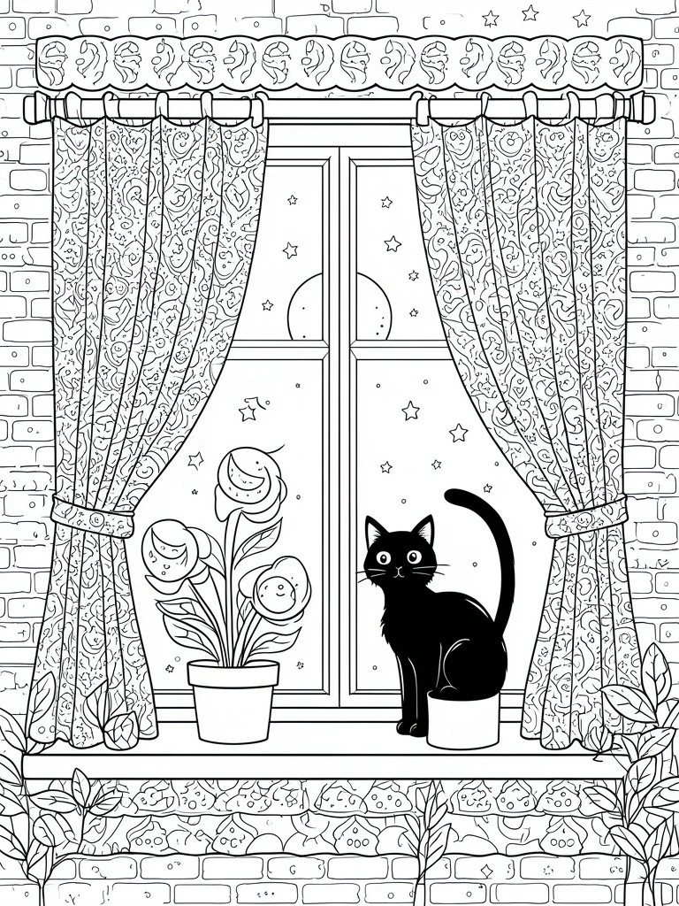 A black and white line drawing of a black cat on a windowsill with potted plants, patterned curtains, and a starry night sky visible through the window.