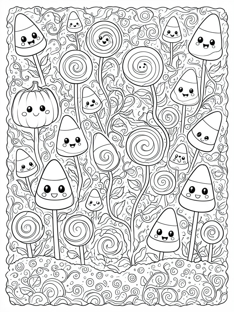 Coloring page of cute candy corn plants, lollipops, and a smiling pumpkin with swirls.