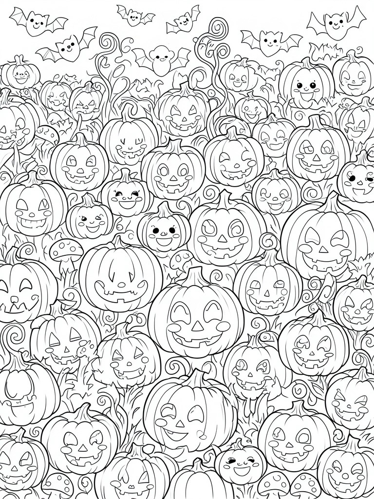 Coloring page densely packed with cartoon jack-o'-lanterns, bats, and swirls.
