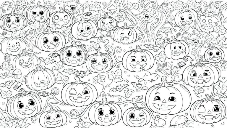 25 Cute Spooky Coloring Pages for Adults in a Kawaii Halloween Style Coloring page densely packed with cartoon jack-o'-lanterns, bats, and swirls.