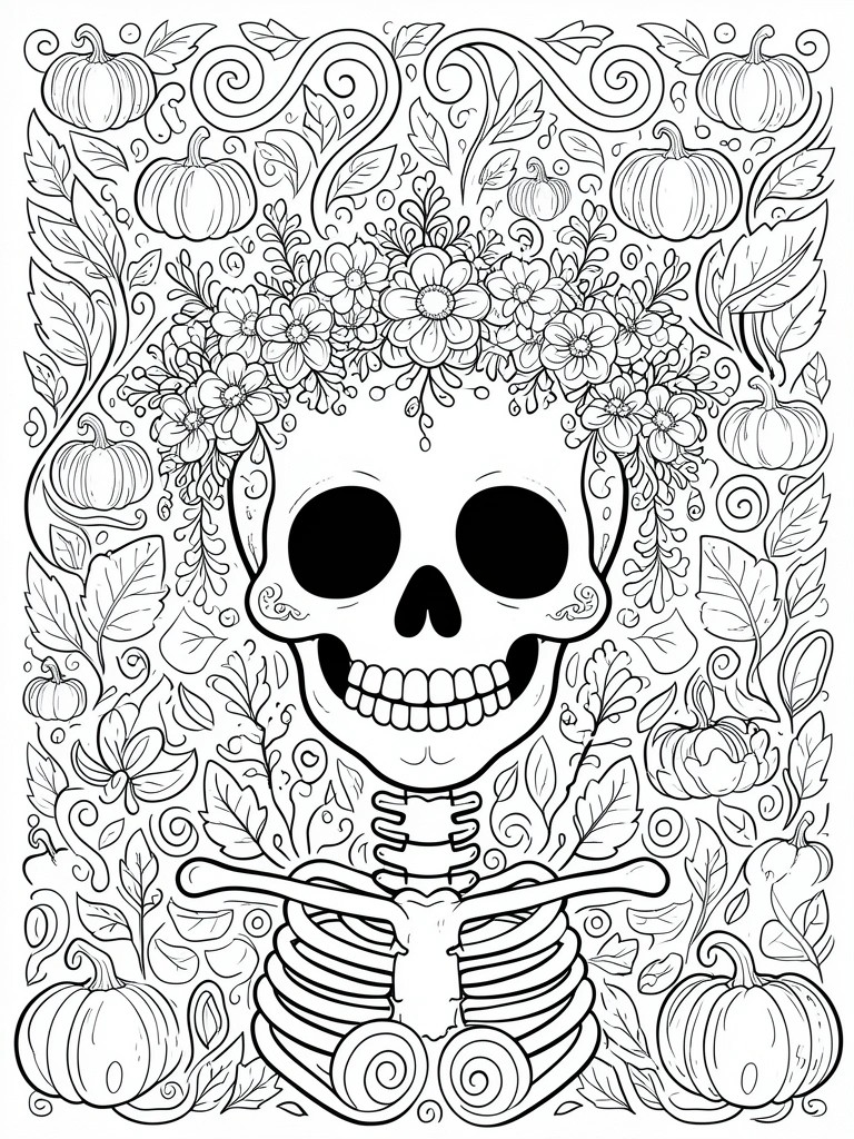 Coloring page showing a skull with flower crown, rib cage, and surrounding pumpkins with leaves and swirls.
