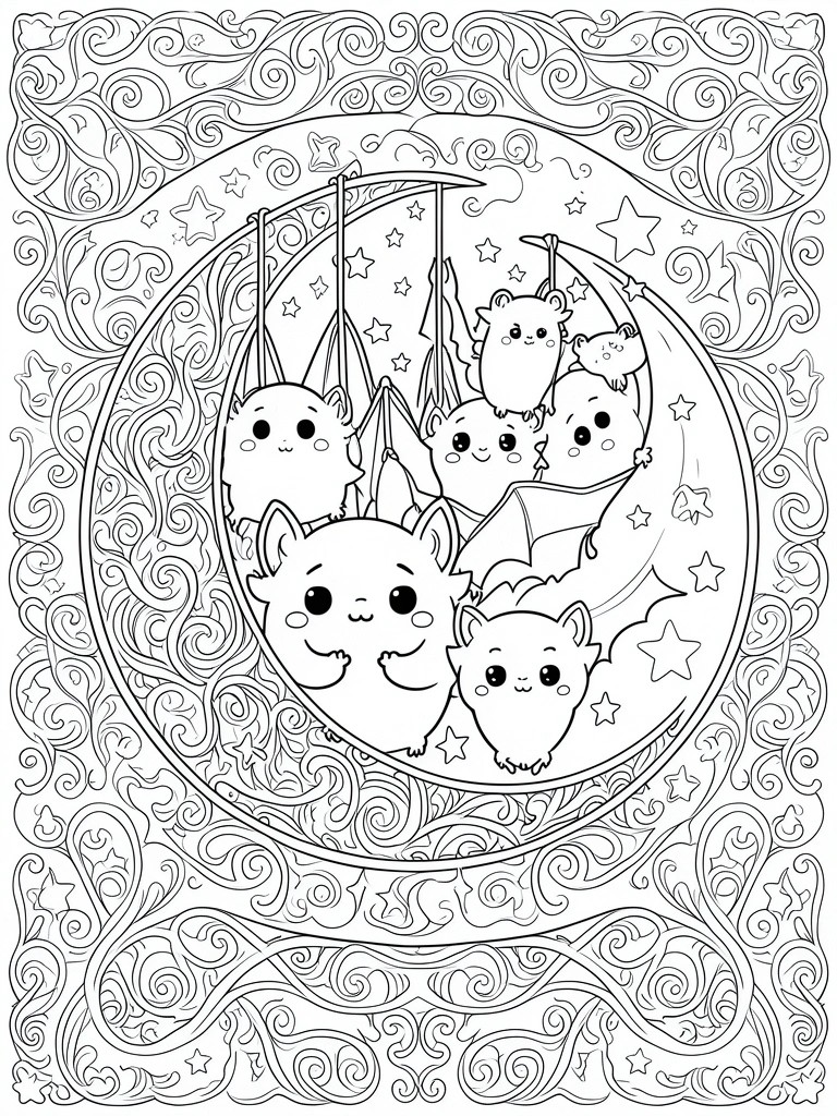 A black and white coloring page shows several cute bats gathered on a crescent moon with stars and a decorative swirl border.