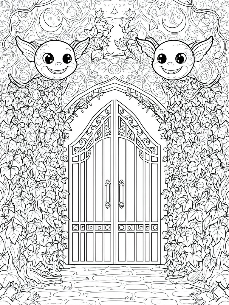 A black and white coloring page shows two smiling bat-like creatures above an arched double door covered in ivy with a stone path leading to it and decorative swirls in the background.