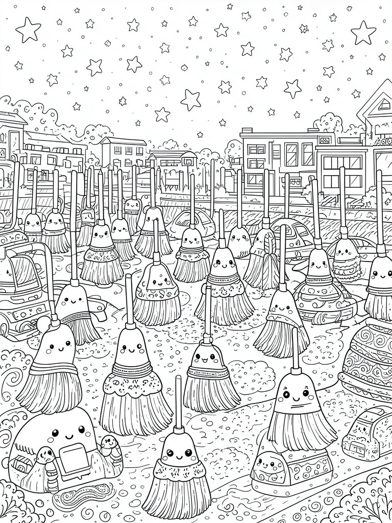 Cute cartoon brooms with faces gathered in a starry city night scene