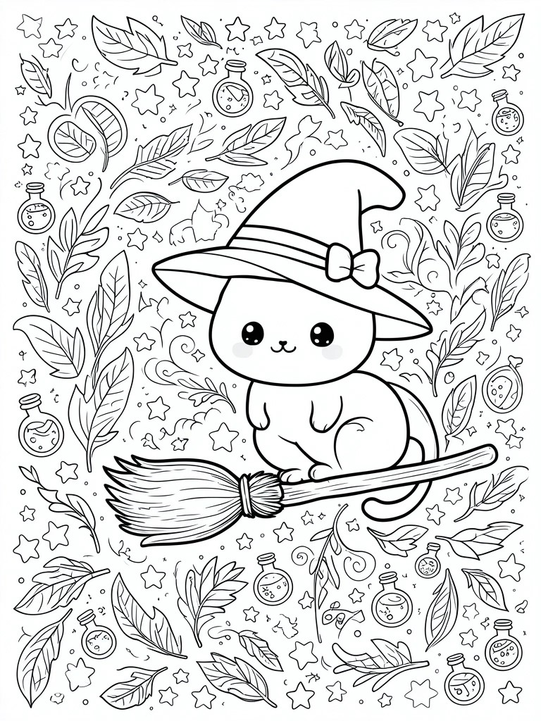 Black and white line art of a cute cat in a witch hat on a broomstick with stars, leaves, and potion bottles around it.