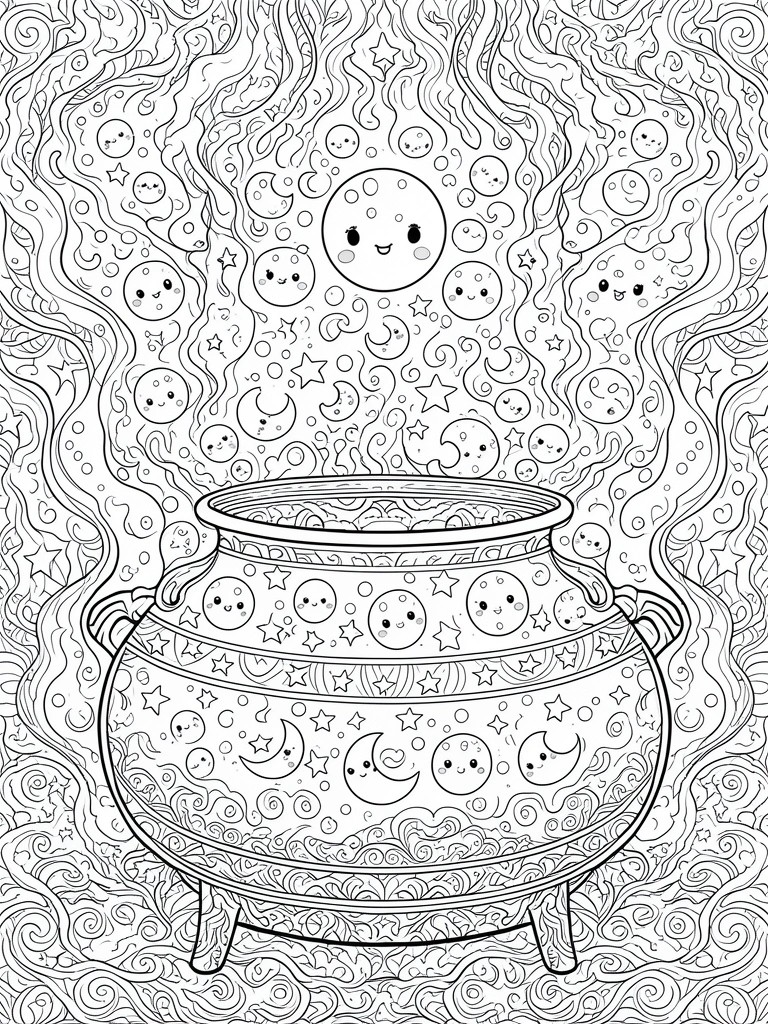 Black and white line art of a decorated cauldron with a smiling moon above and many smaller moons and stars with faces in swirling lines.