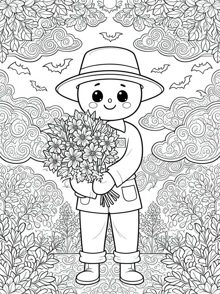 Black and white coloring page of child in hat holding flower bouquet with flying bats
