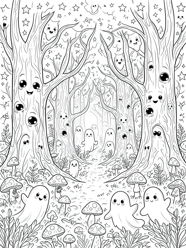 Whimsical black-and-white forest scene with cute ghosts, smiling trees, and mushrooms.