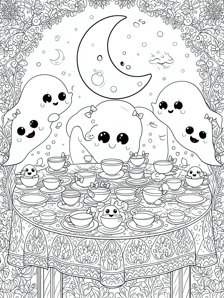 Coloring page showing kawaii ghosts at a tea party table with teacups under a crescent moon and floral borders.