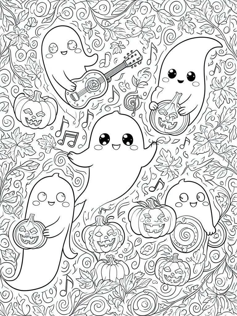 Cute cartoon ghosts with pumpkins, guitars, and drums amid musical notes and swirls