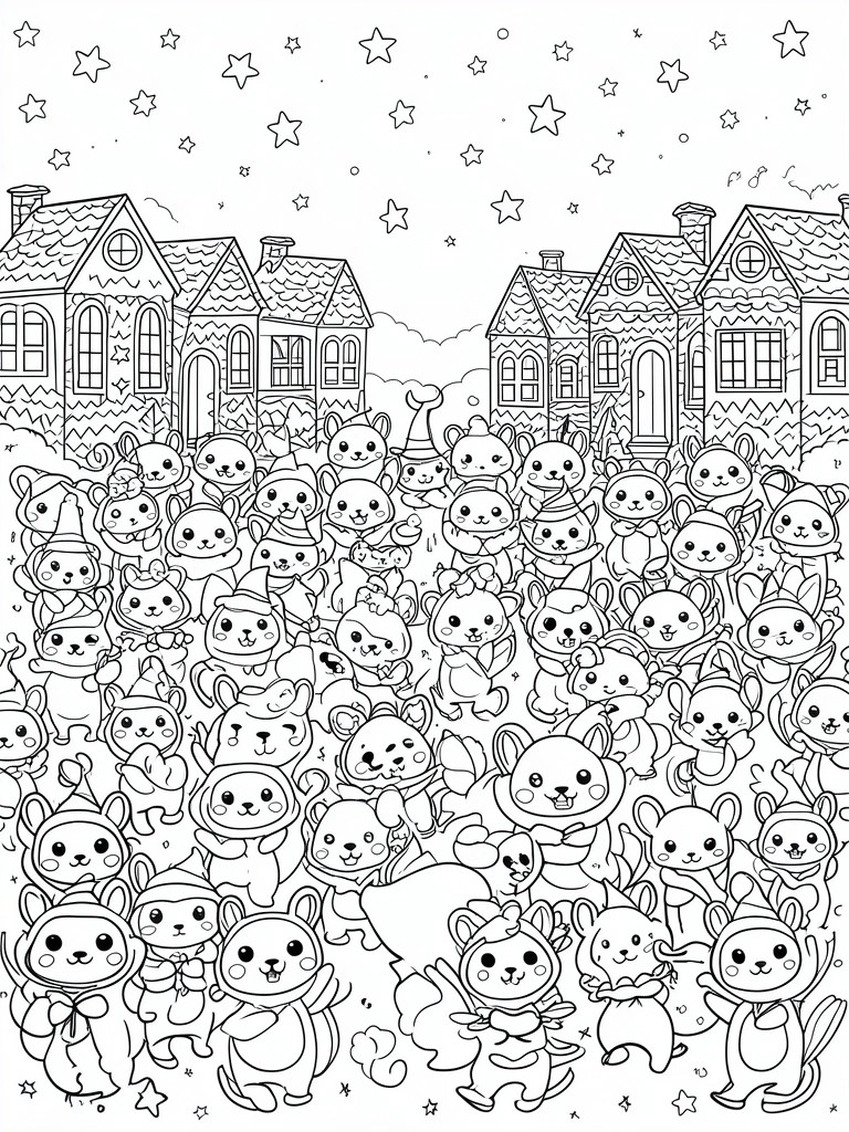 Coloring page of cute costumed animals gathered before houses under a starry sky.
