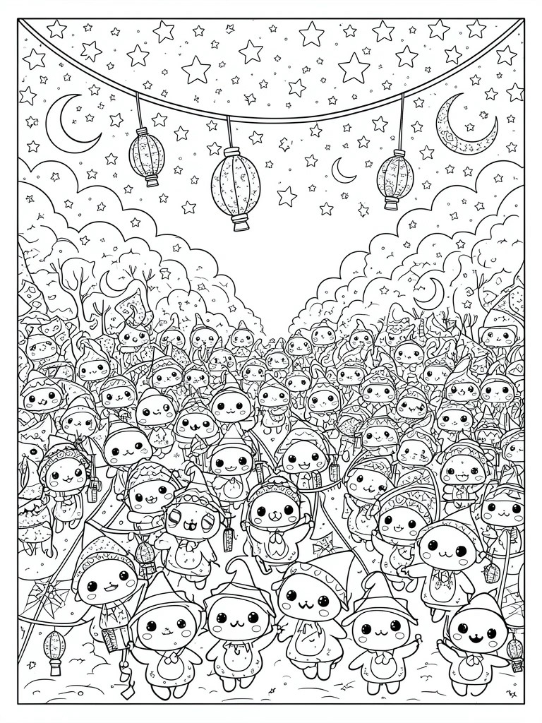 Crowd of cute cartoon characters in hats under starry night sky with lanterns