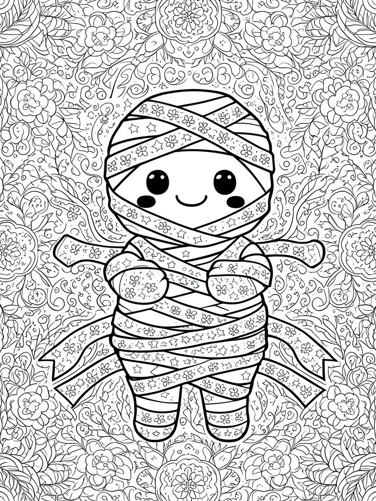 Cute cartoon mummy with big eyes and smile, wrapped in star-flower bandages amid floral mandala patterns.