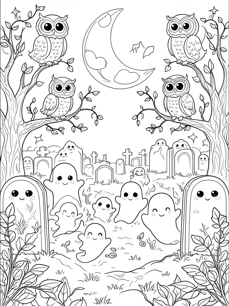 A black and white line drawing of a graveyard filled with cute ghosts, owls on trees, tombstones, and a crescent moon.