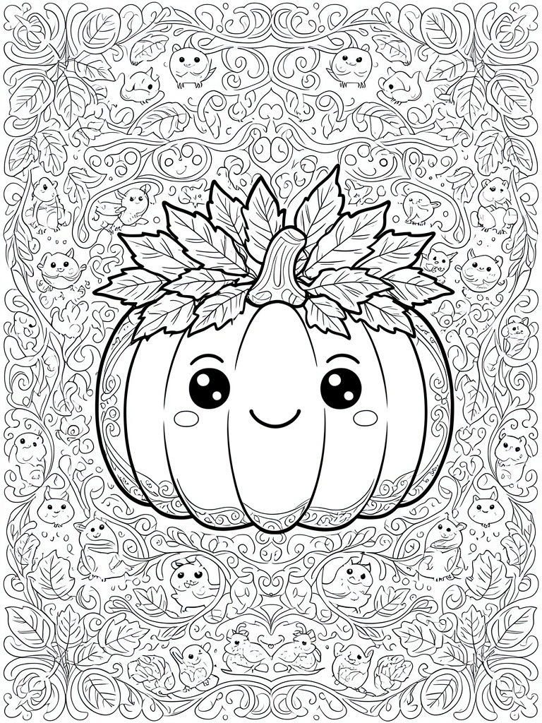 A black and white coloring page shows a large cute pumpkin with a face and leaves on top, surrounded by many small kawaii animals and swirling foliage patterns.