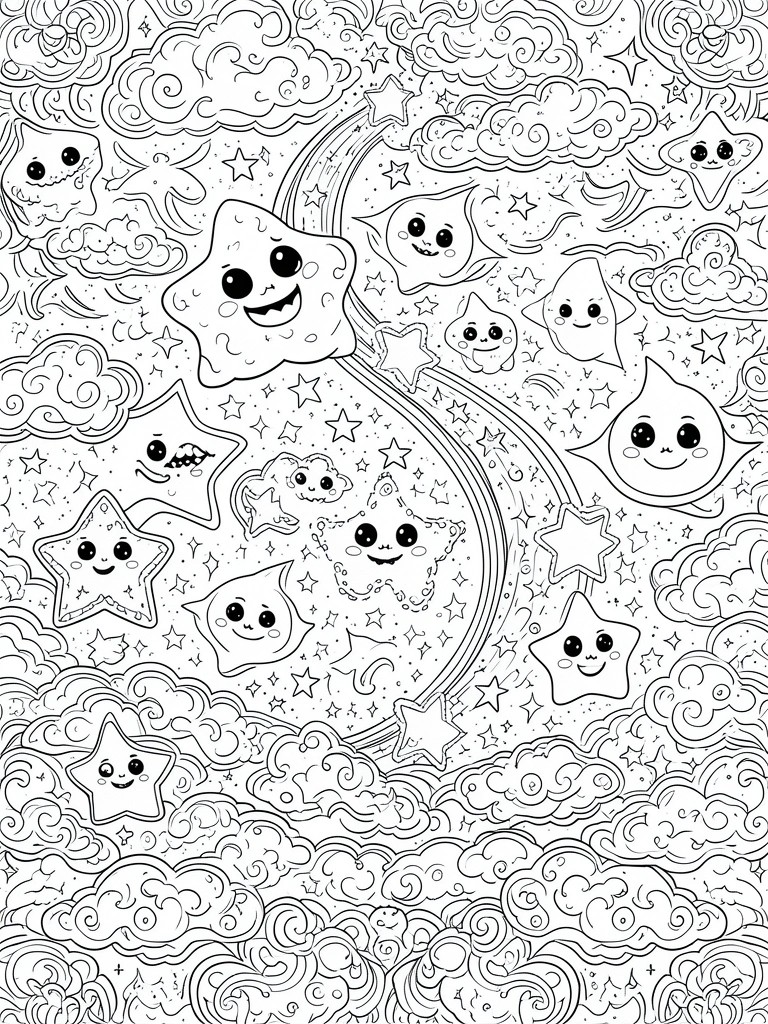 Black and white line art of cute stars with faces floating among clouds and stars with a curved rainbow-like trail.