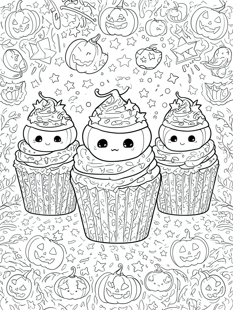 Three cartoon cupcakes with witch hats amid pumpkins and stars in coloring page line art