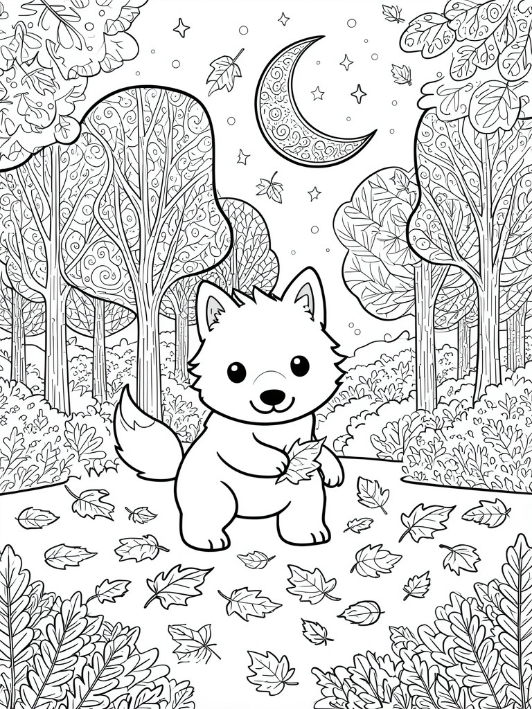 Cute wolf cub holding leaf in starry forest under crescent moon at night