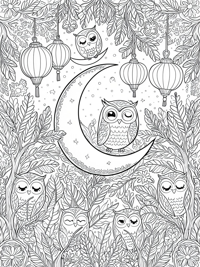 A black and white line art coloring page shows multiple owls around a crescent moon with hanging lanterns and leafy branches.