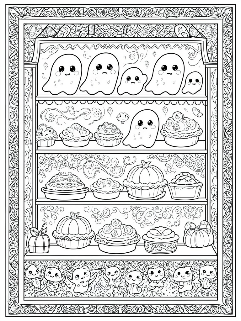 Coloring page of cute ghosts, pies and pumpkins arranged on decorated shelves