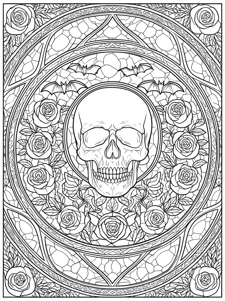Ornate circular mandala with central skull, surrounding roses, and flying bats.