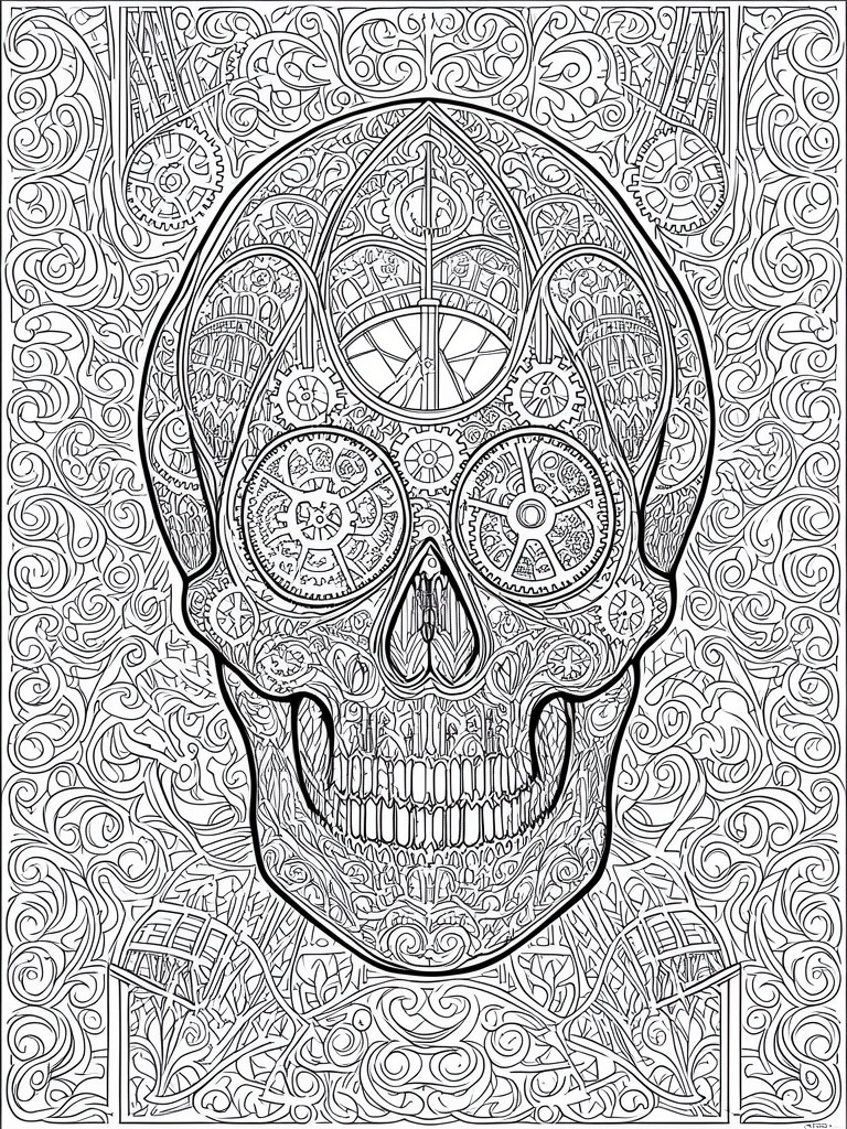 A black and white line drawing of a skull filled with gears and clockwork patterns against a background of swirling lines and decorative motifs.